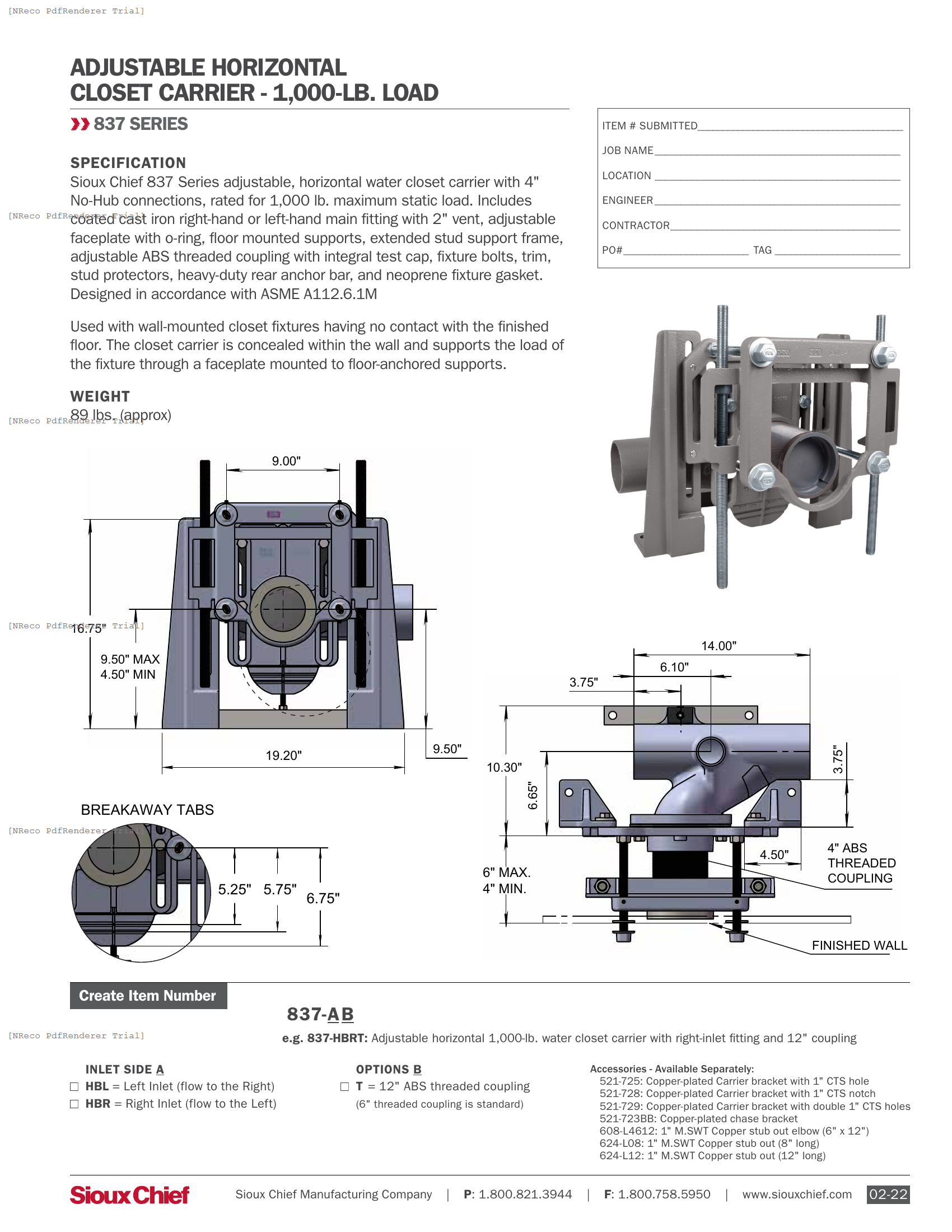 837-HB SERIES - 1000-LB CLOSET CARRIER - SPEC SHEET.PDF Specification Document